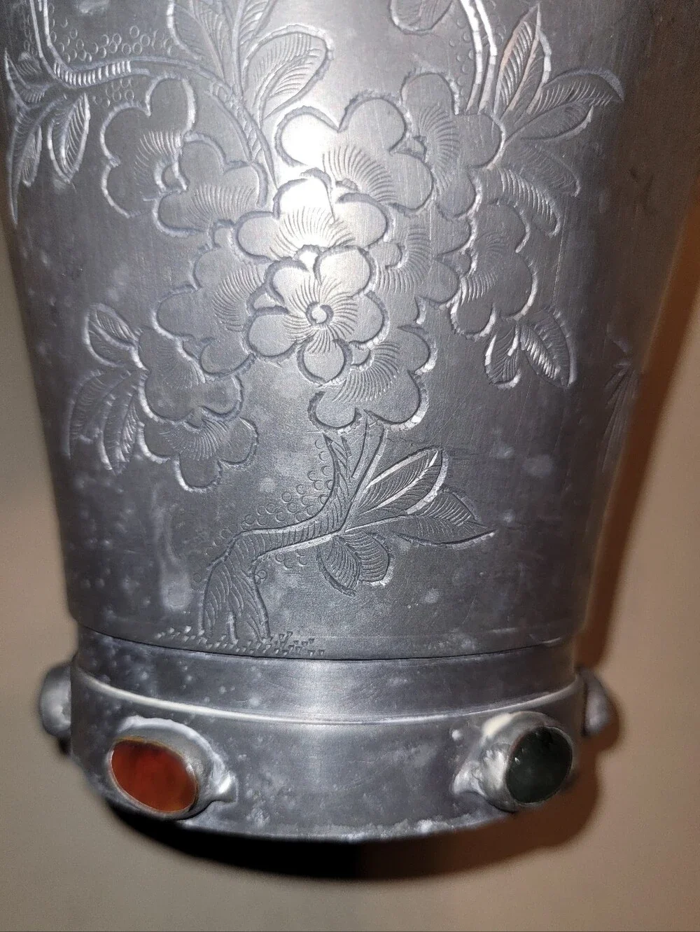 Chinese pewter vase With semi-precious stones From 1900 -1949.